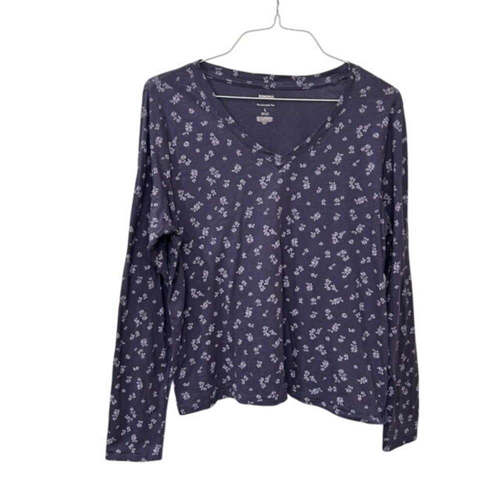 Sonoma Goods For Life The Everyday Tee Navy Blue Floral V-Neck Long Sleeve L